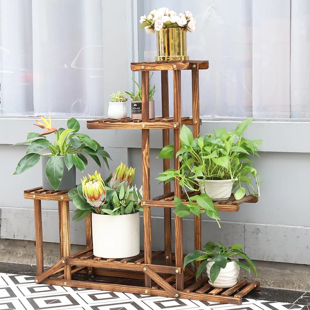 6 Tiered Wood Plant Flower Stand Shelf Planter Pots Shelves Rack Holder Display for Multiple Plants Indoor Outdoor Garden Patio — view 3