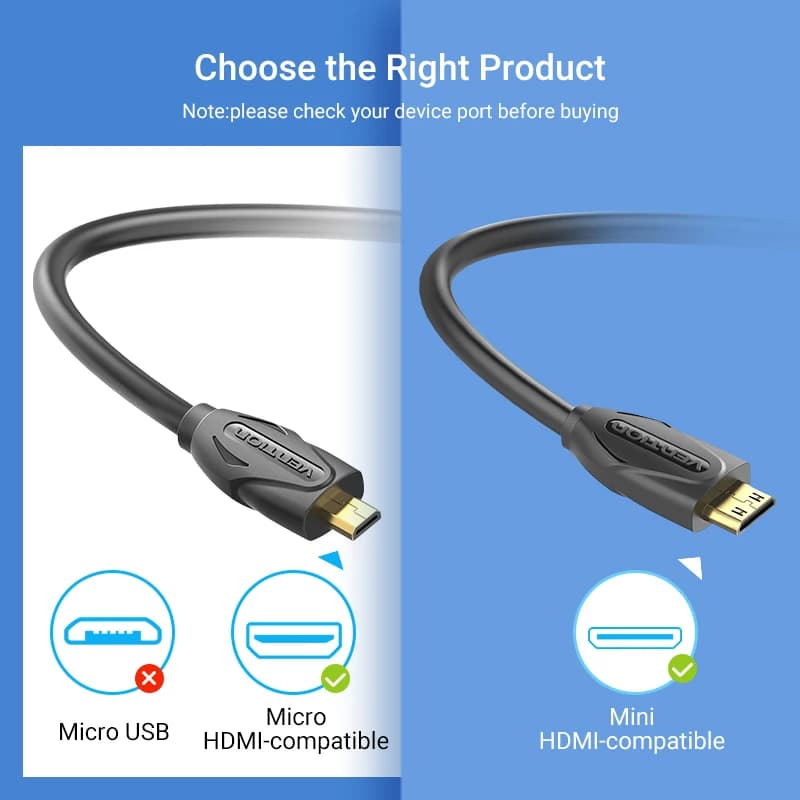 Vention Micro HDMI to HDMI Cable 4K Mini HDMI Male to Male Cord for GoPro Sony Camera Callphone Tablet Projector HDTV Mini HDMI — view 2