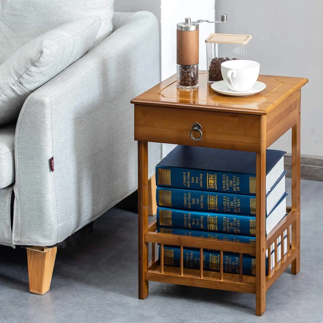Bamboo Bedside Table with Drawer Bedroom Nightstand Plant Storage Shelving Unit — view 2