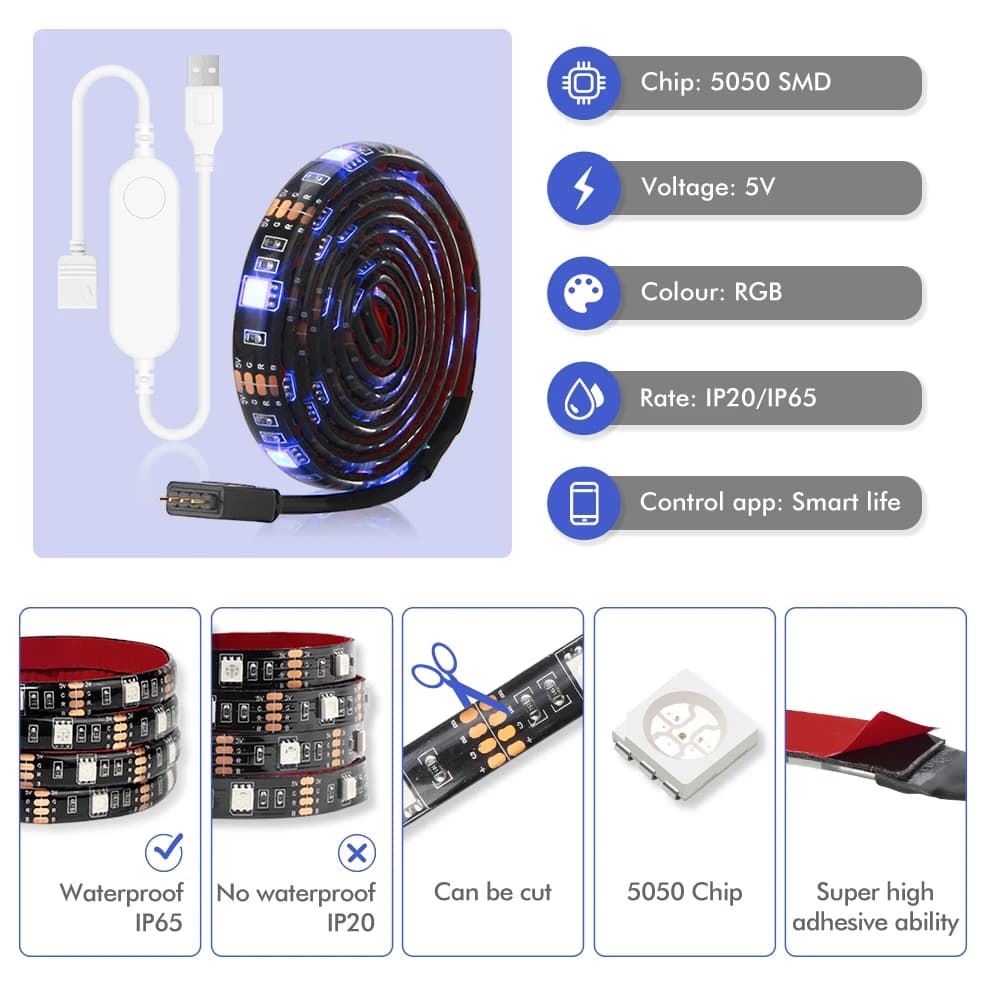 USB LED Strip DC 5V 50CM 1M 2M Tuya Smart Wifi Flexible Light Lamp Alexa Google Assistant Desk Decor Screen TV Background Light — view 2