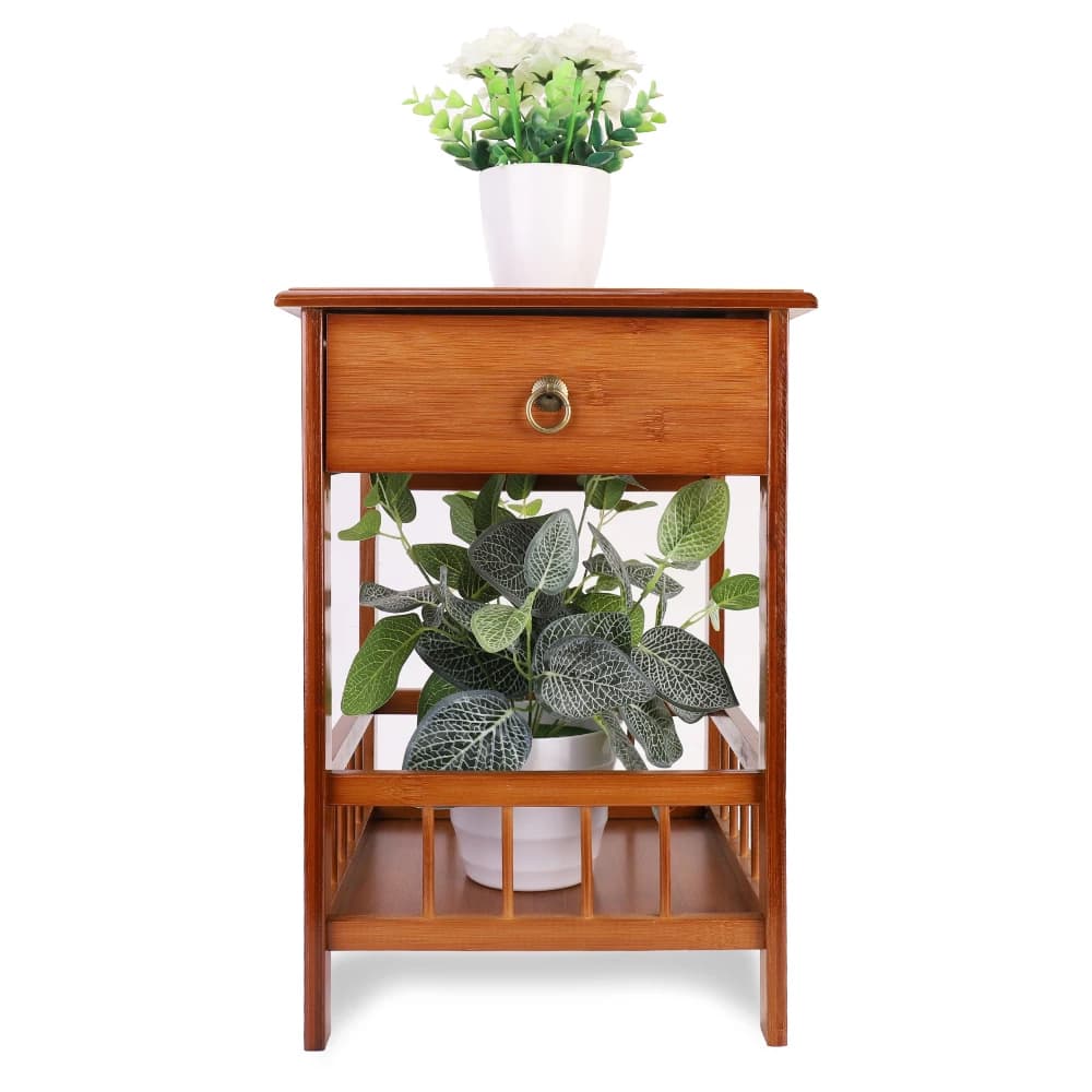 Bamboo Bedside Table with Drawer Bedroom Nightstand Plant Storage Shelving Unit — view 3