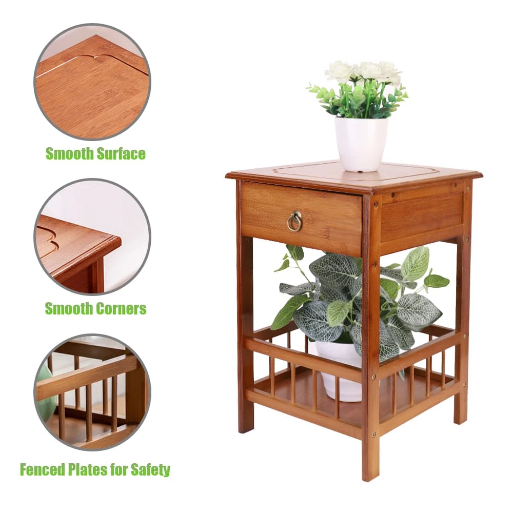 Bamboo Bedside Table with Drawer Bedroom Nightstand Plant Storage Shelving Unit — view 5
