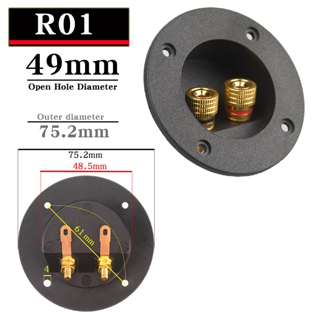 HIFIDIY LIVE Square circle (Install Hole 49-76) speaker junction Box  Terminal Shell 2 copper Binding Post Wire Cable Connector — view 3