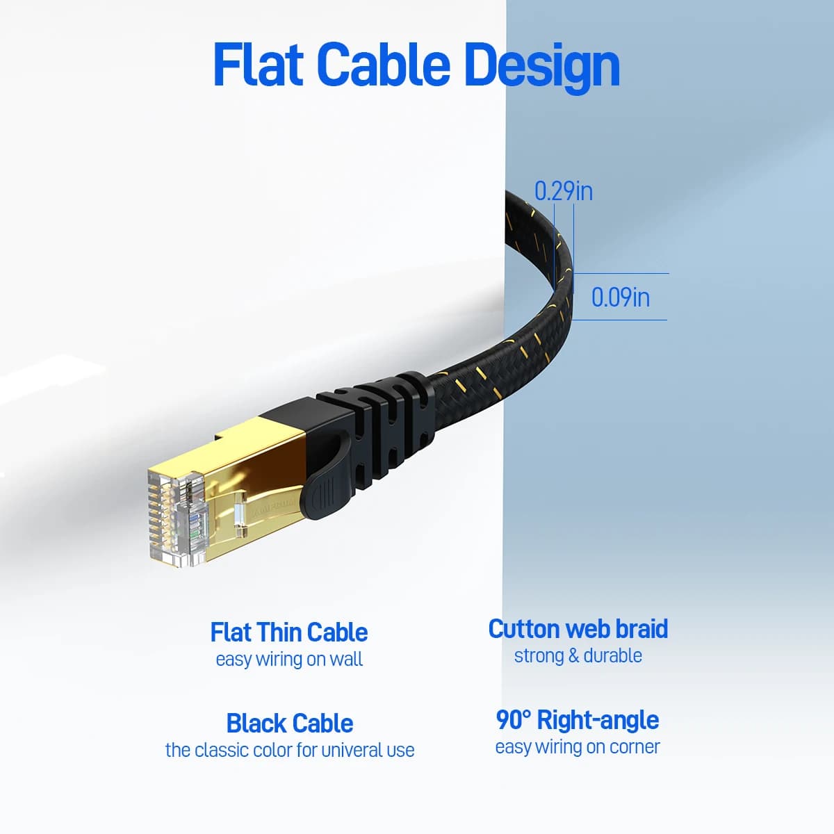 AMPCOM CAT7 Ethernet Cable (10G 600MHz), Shielded Flat RJ45 Network Patch Cord, 50u Gold Plated Lead, Polyester Braided — view 3