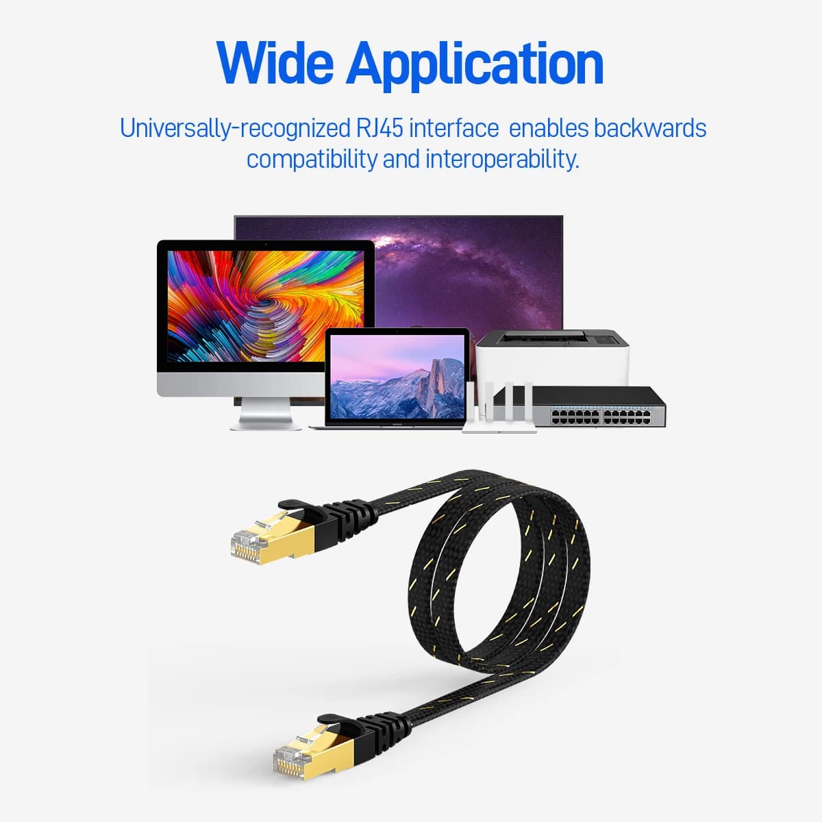 AMPCOM CAT7 Ethernet Cable (10G 600MHz), Shielded Flat RJ45 Network Patch Cord, 50u Gold Plated Lead, Polyester Braided — view 5