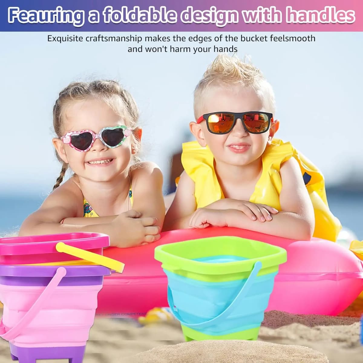 Foldable Beach Bucket Silicone Collapsible Toy Buckets for Kids for Summer Activities Camping Gear Travel Beach Sand Toys — view 3