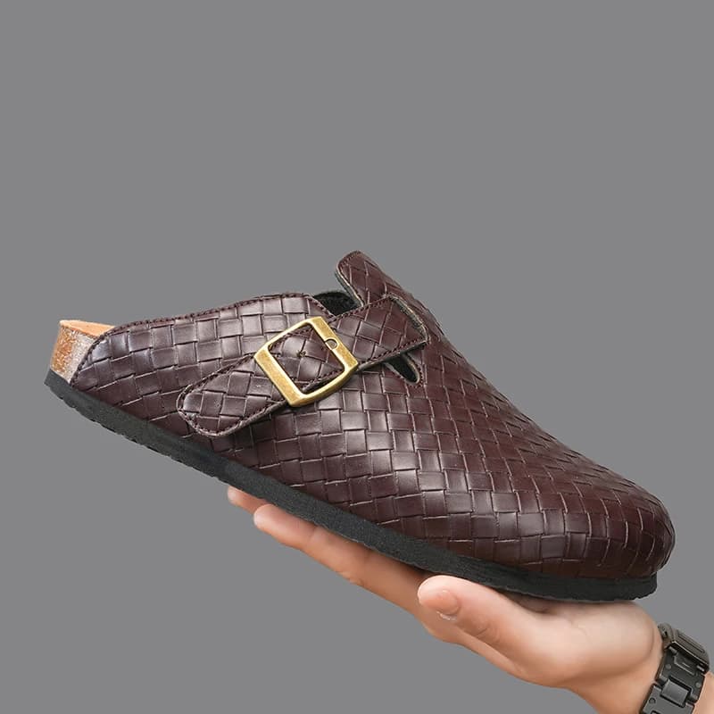 Summer Unisex Adjustable Cork Slippers Men Leather Slides Slippers Black Brown Cover Toe Slipper Dropshipping — view 3