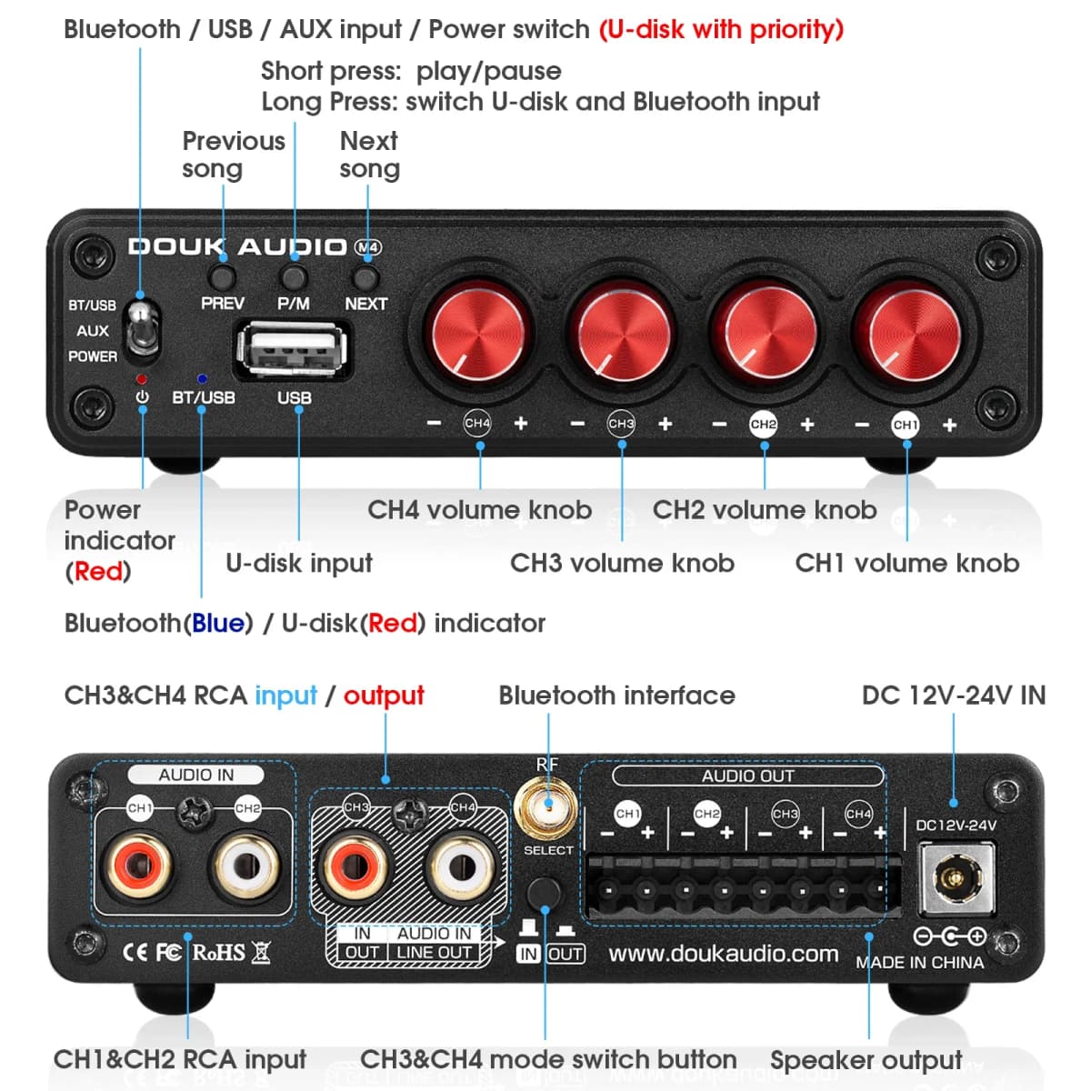 Douk Audio M4 Mini 2/4 Channel Bluetooth 5.0 Digital Amplifier Stereo Audio Receiver Desktop Audio Amp USB Music Player 50W*4 — view 2