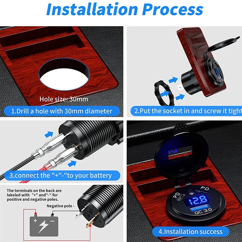12V/24V USB Outlet 108W 3 Ports Car Charger Socket Dual 45W PD Type C & 18W QC 3.0 Motorcycle Socket Power Outlet Charge Adapter — view 5