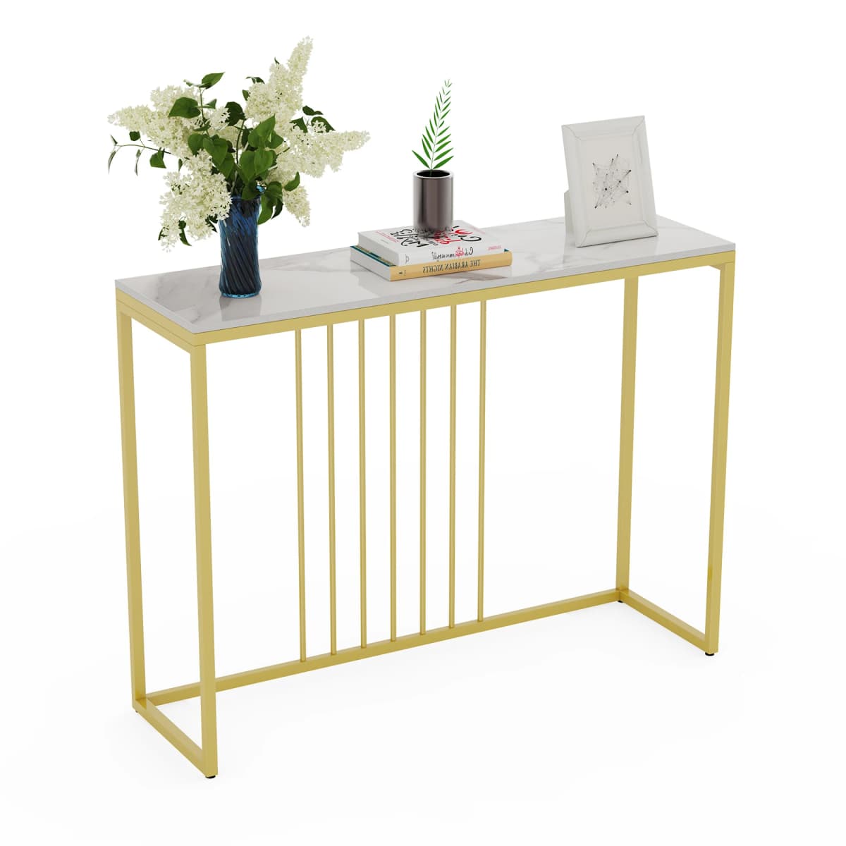Modern Accent Console Marble Table Gold Metal Frame Storage Display Shelf Narrow Table for Hallway Entryway Living Room Entrance — view 5