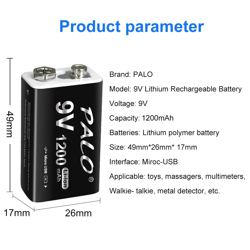 PALO 9V Rechargeable Battery 1200mAh 6F22 Micro USB 9v Li-ion Lithium Batteries for Multimeter Microphone Toy Remote Control KTV — view 3