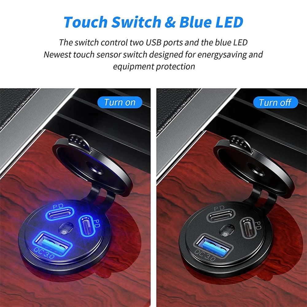 12V/24V USB Outlet 108W 3 Ports Car Charger Socket Dual 45W PD Type C & 18W QC 3.0 Motorcycle Socket Power Outlet Charge Adapter — view 2