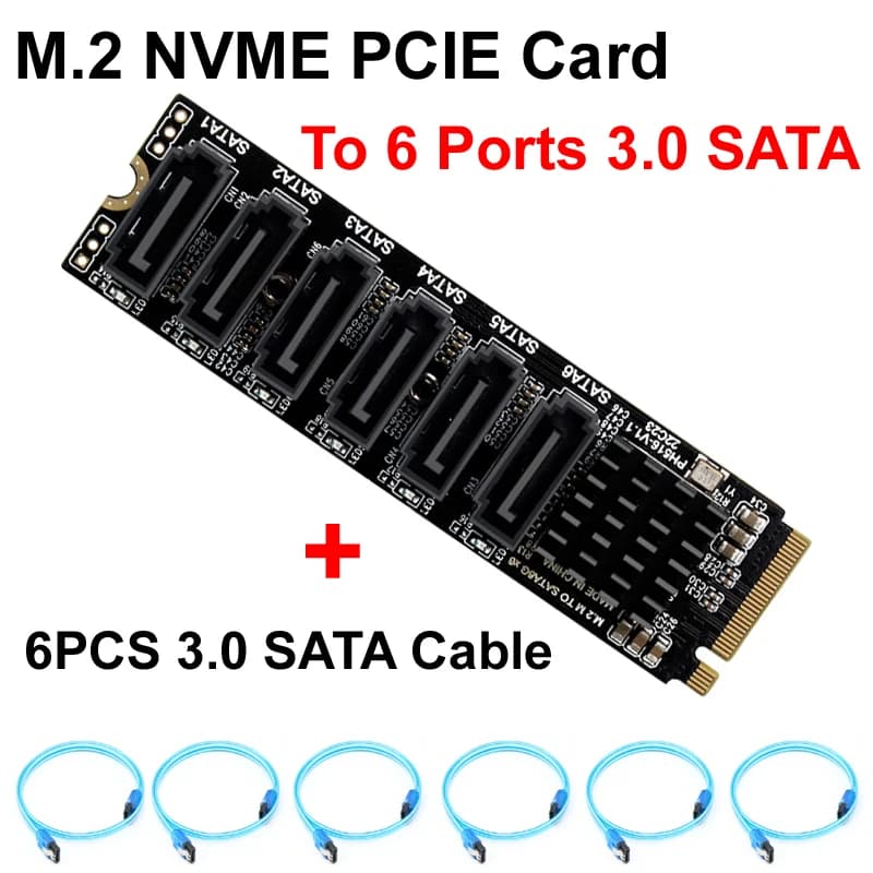 M.2 NVME PCI-E PCIE X4 X8 X16 To 6 Port 3.0 SATA Adapter Card Riser III 6GB/S  Chassis server PC Expansion+6PCS 3.0 SATA CABLE