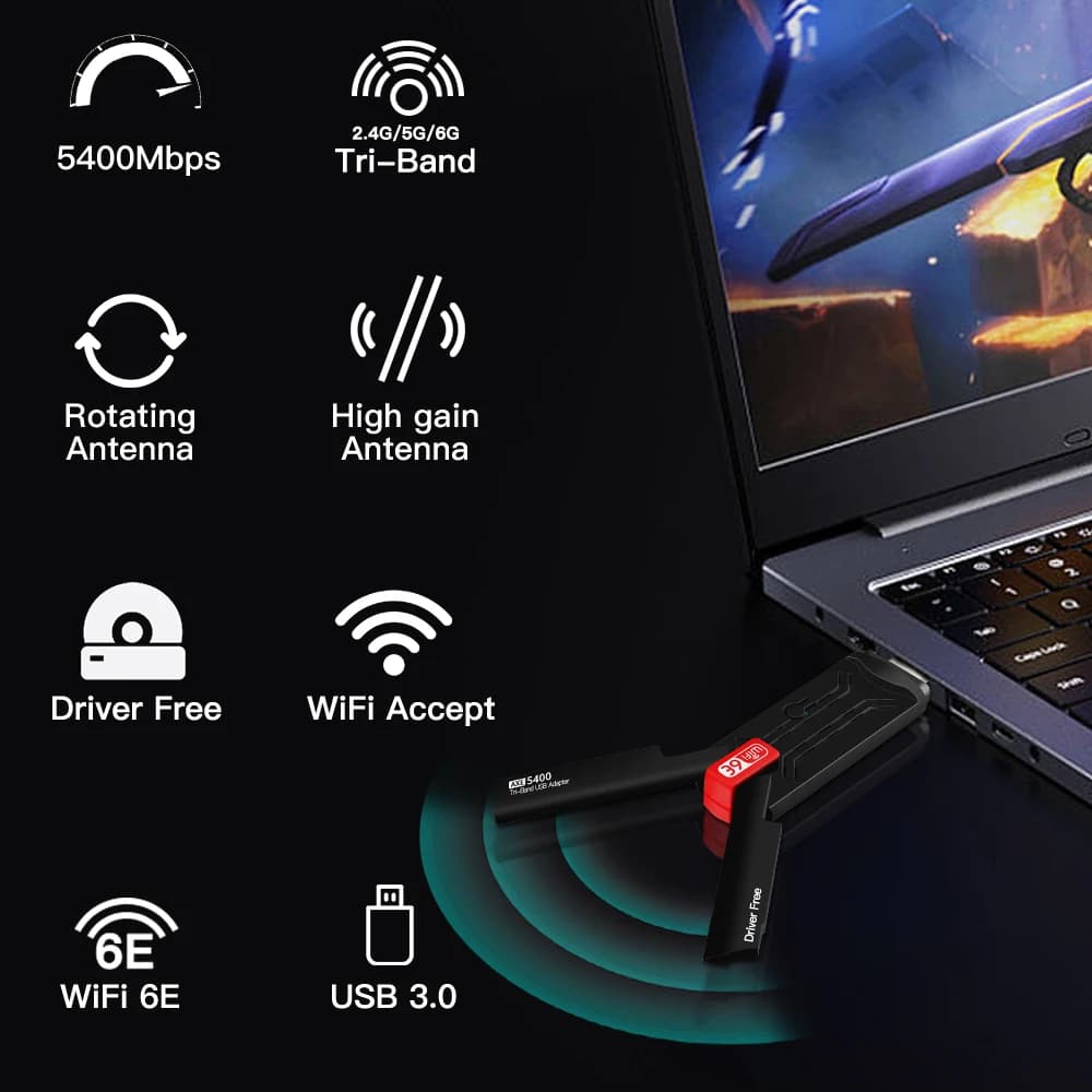 WiFi6E AX5400 USB 3.0 Wireless Adapter 2.4GHz/5GHz/6GHz Wi-Fi Booster With High Gain Antenne For PC/Laptop Win10/11 Driver Free — view 2