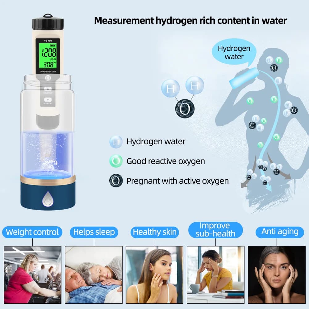 Yieryi Hydrogen Water Tester Monitor 4 in 1 H2 PH ORP TEMP Meter Reactive Oxygen Analyzer ATC 0-2400PPb for Aquariums Pools Spa — view 2