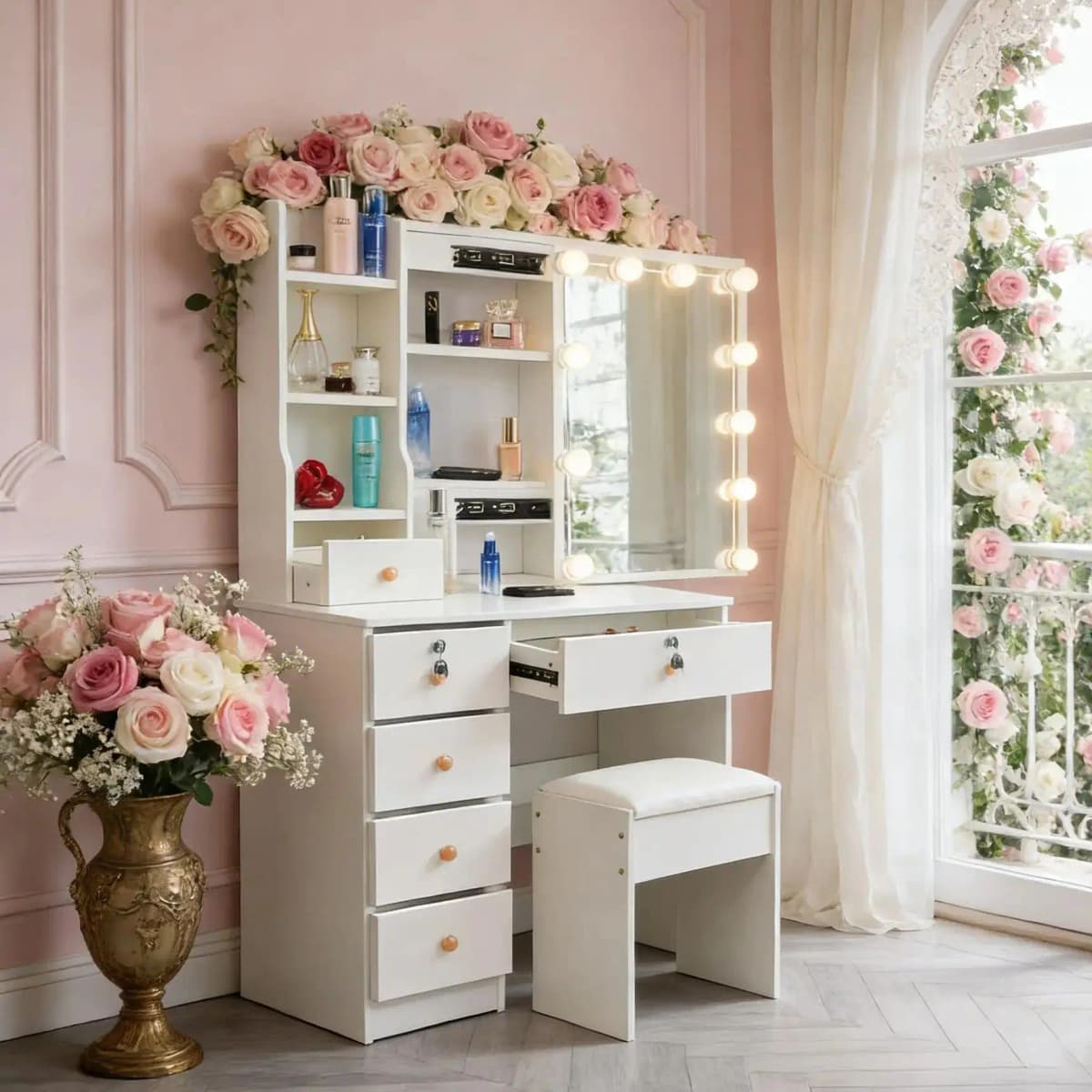 Teousev 10 LED Lighted Vanity Set with Mirror & Stool, 3 Color Modes, 7 Drawers Storage, Easy Install Makeup Dressing Table