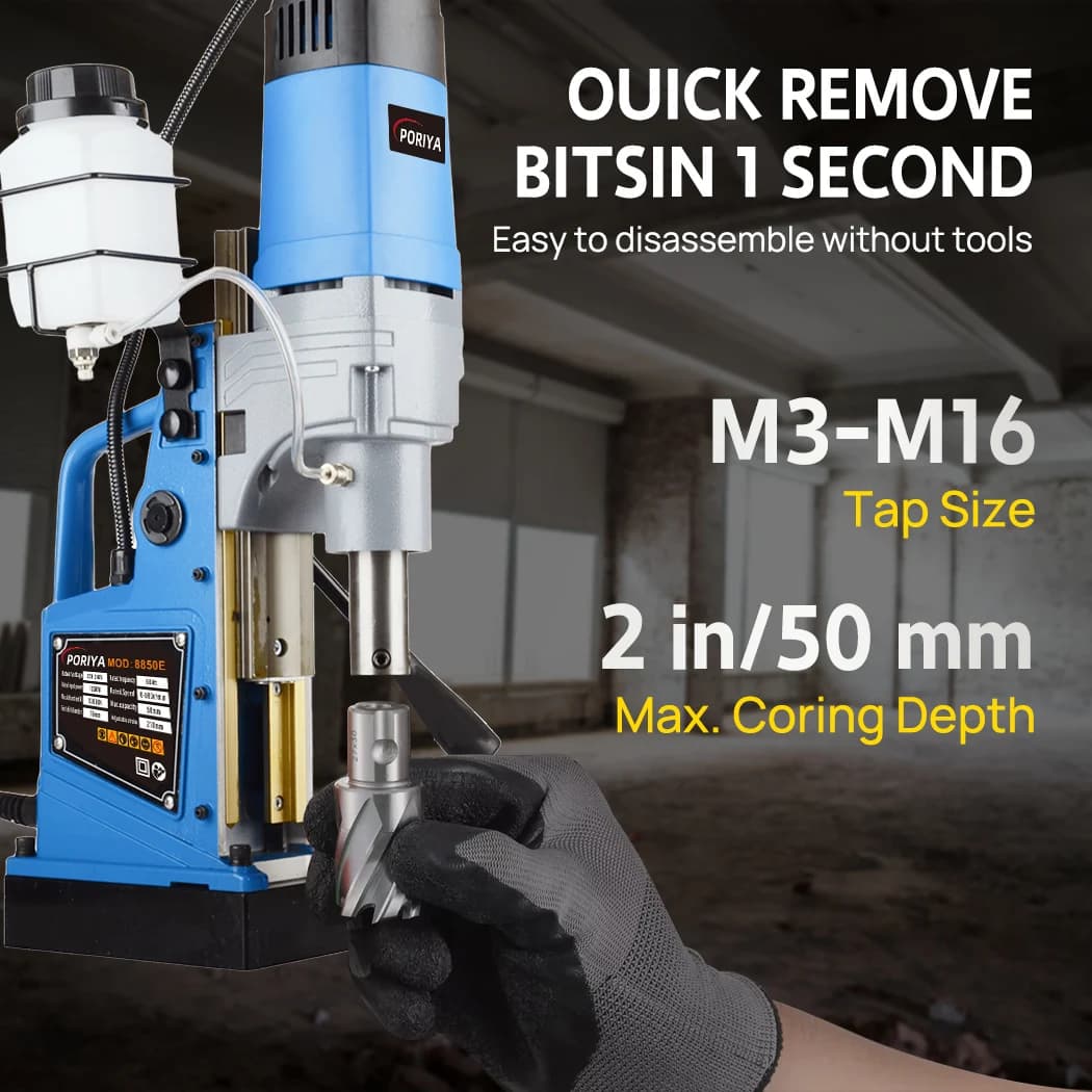 PORIYA Magnetic Drill 1550W 2922lbf/13000N Portable Mag Drill Press 500RPM 6 Bits Blue — view 4