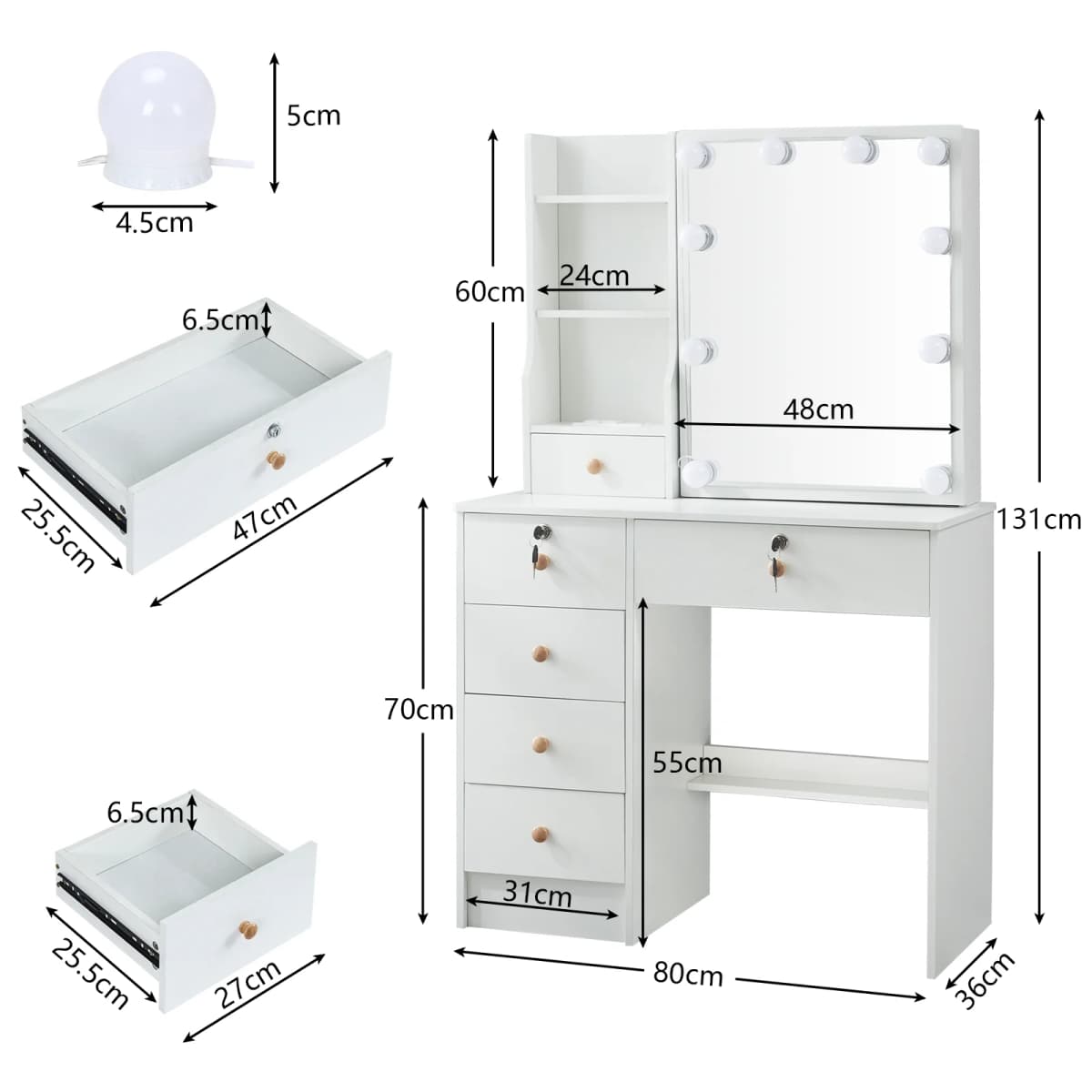 Teousev 10 LED Lighted Vanity Set with Mirror & Stool, 3 Color Modes, 7 Drawers Storage, Easy Install Makeup Dressing Table — view 6