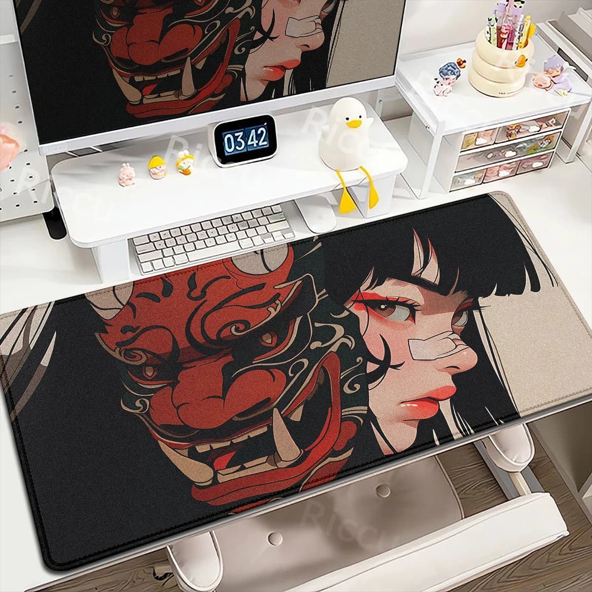 Anime Girls Samurai Oni Mask Mousepad Large Computer Gaming Accessories 400x900mm Gamer Professional Premium Mouse Mat Desk Mats — view 2