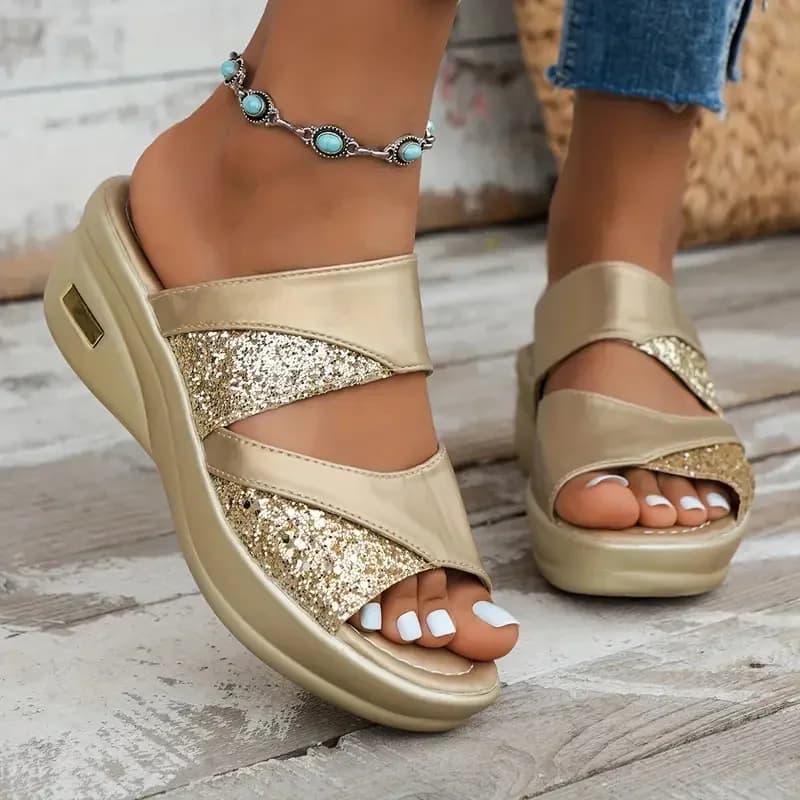 Women Wedge Slippers Glitter Platform Comfortable Sandals Casual Sling Backs Slippers New Summer Shoes for Women Slides Women — view 5