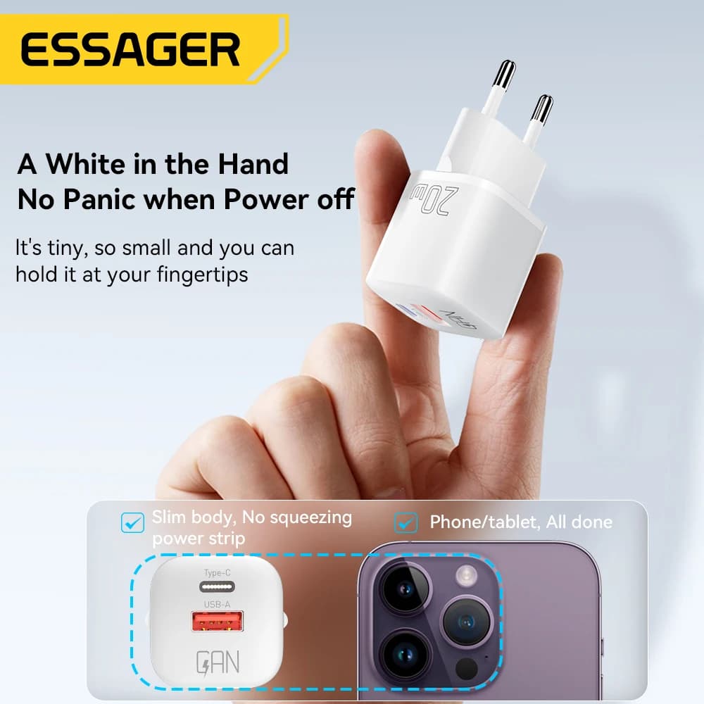 Essager 20W GaN USB Type C Charger PD Fast Charge Phone QC 3.0 Quick Chargers For iPhone 14 13 12 11 Pro Max Mini iPad Charging — view 3