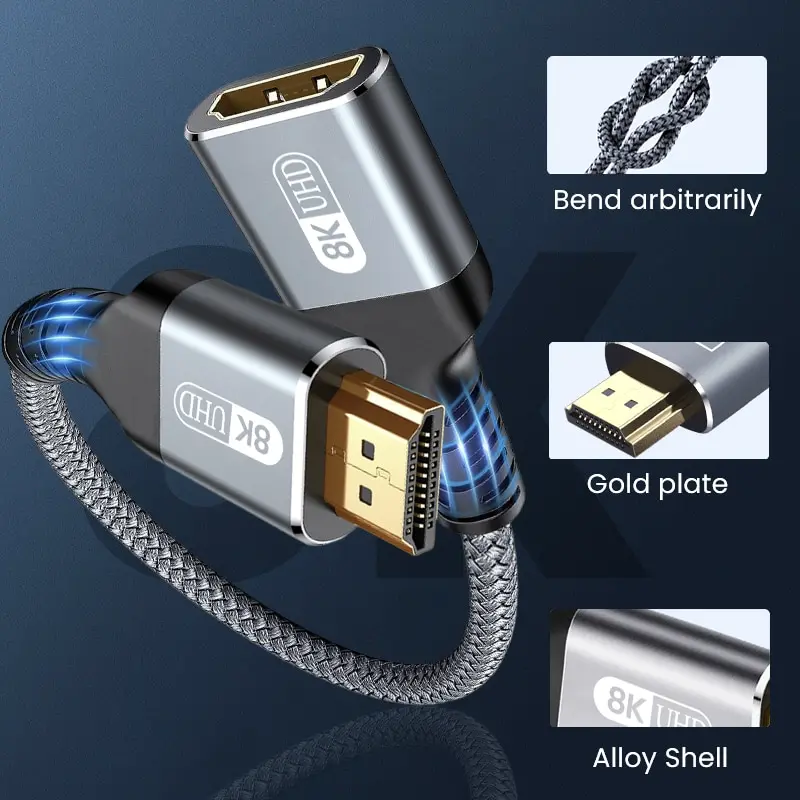 HDMI 2.1 8K Male to Female Cable HDMI Extension Braided Cord 8K@60Hz 4K@240Hz Extender Adapter for Roku TV PS5 HDTV Blu-ray — view 3