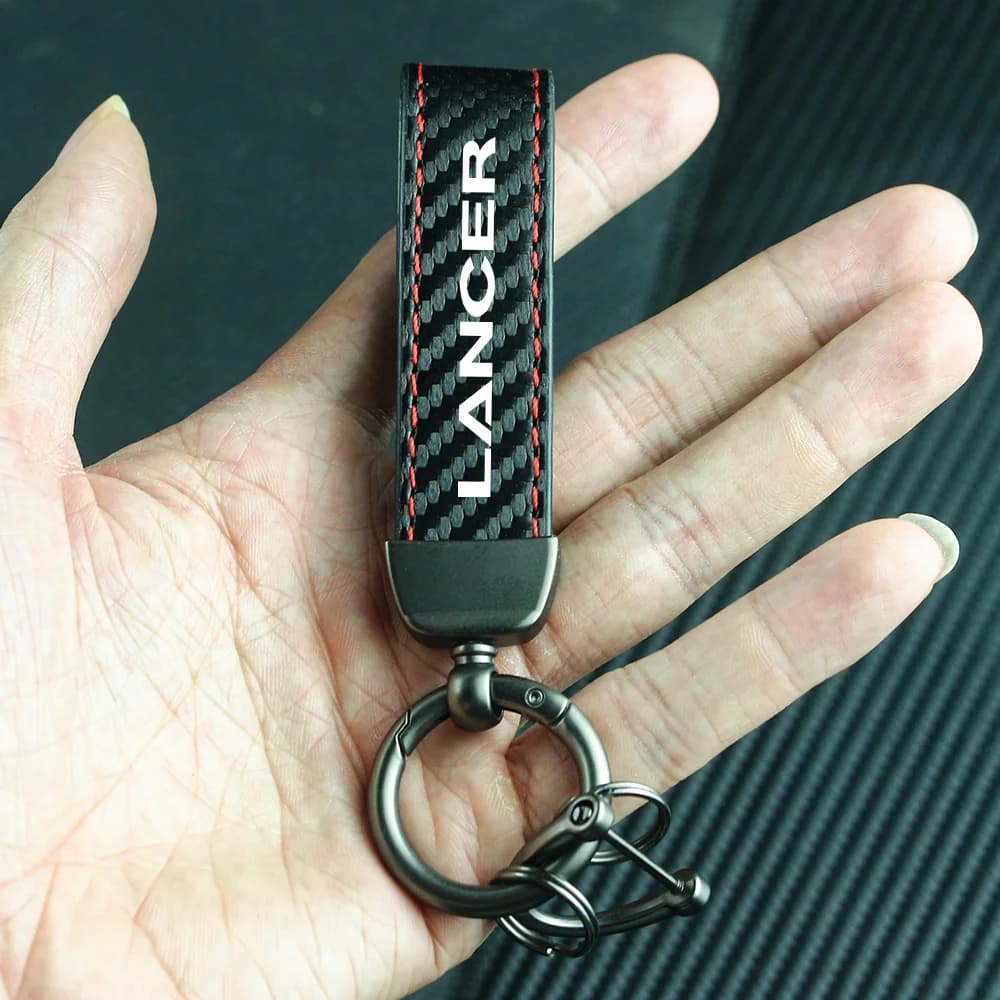 Carbon Fiber Leather Rope Car Keychain Alloy Key Chain Pendant Keyring Horseshoe Buckle for LANCER OUTLANDER PAJERO Accessories — view 3