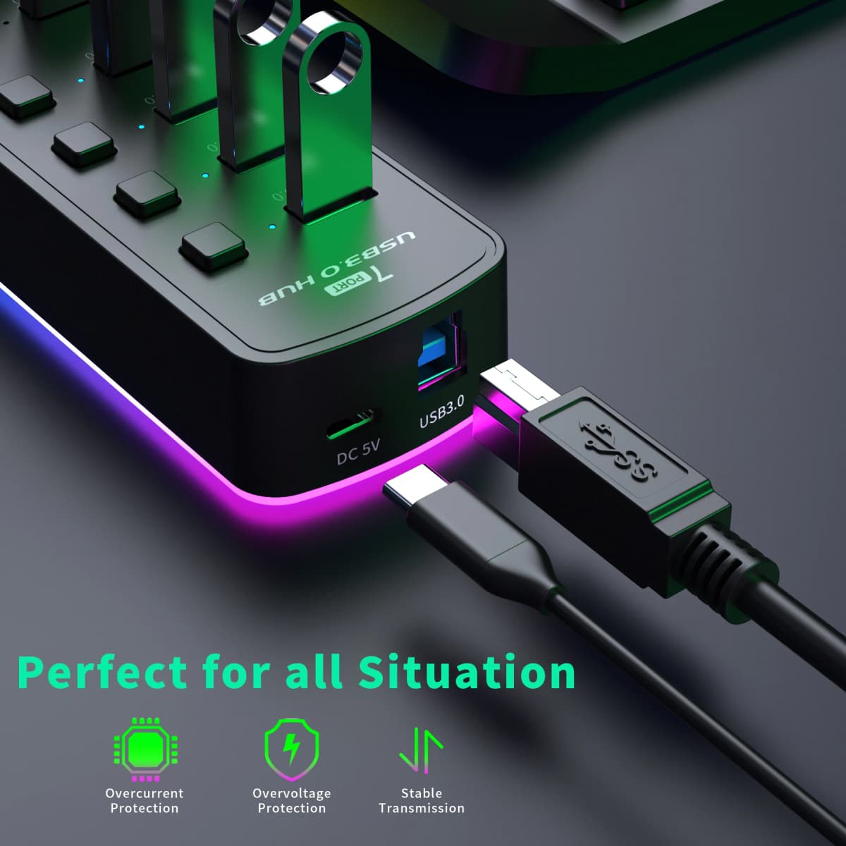 RGB USB 3.0 Hub 7 Ports Data Port Adapter 5Gbps Individual On/Off Switch Splitter Gaming USB Hub For Laptop PC Computer Accessor — view 2