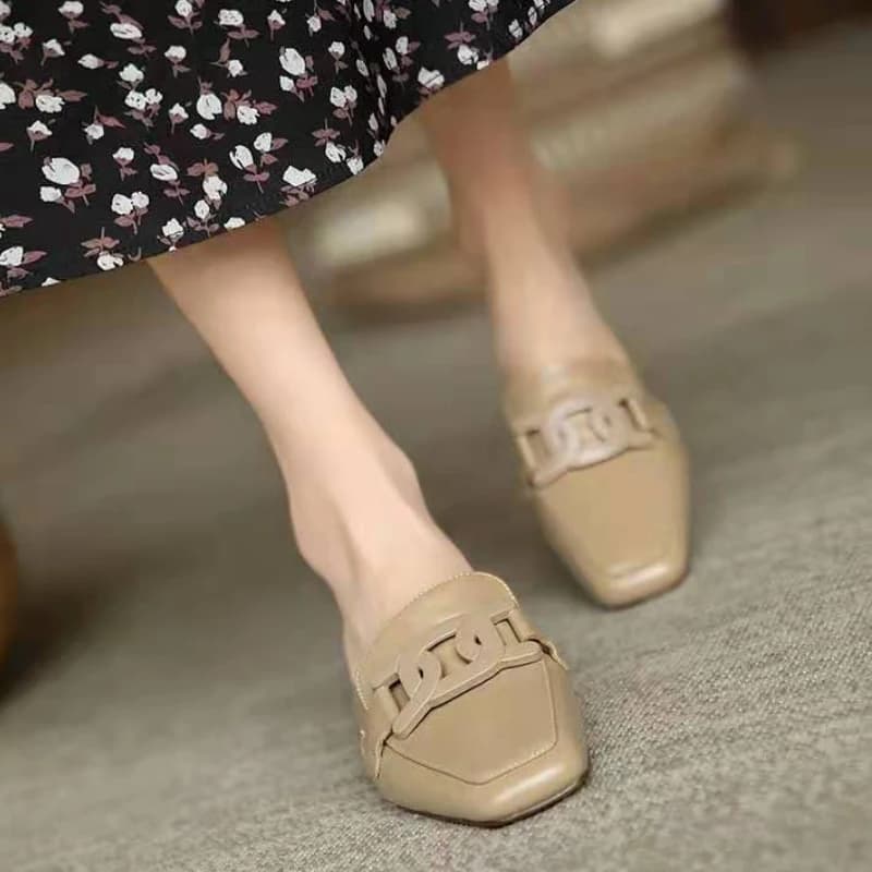 Women's Slippers Summer New Leather Low Heel Square Head Home Half Drag Casual Fashion Comfortable Height Sandals — view 5