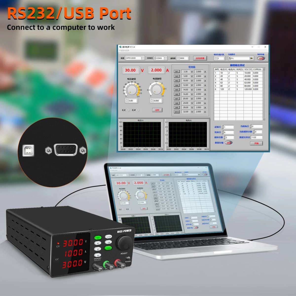 NICE-POWER RS232 Programmable LAB Power Supply 200V 300V DC Adjustable Laboratory Maintenance Workbench 30V 10A Edit Stored Data — view 2