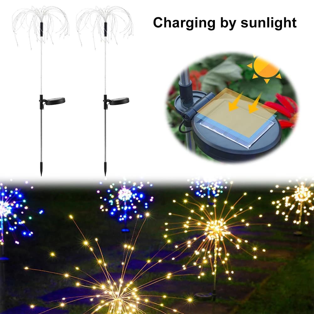 2Pcs Smart Sparklers Firework LED String Light Solar Fireworks Lights 8 Lighting Modes 200 LED Copper Wire Solar Firework Lights — view 3