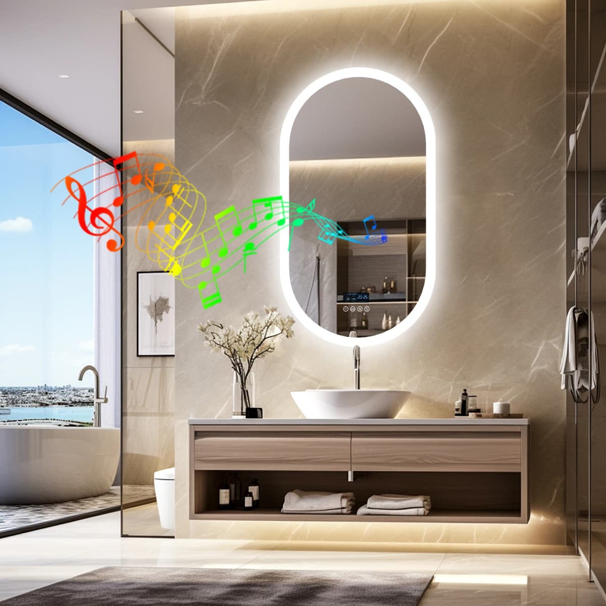 LUVODI Lighted Bluetooth Bathroom Mirror Led Backlit Illuminate Vanity Mirror with Time Date Display Anti-fog