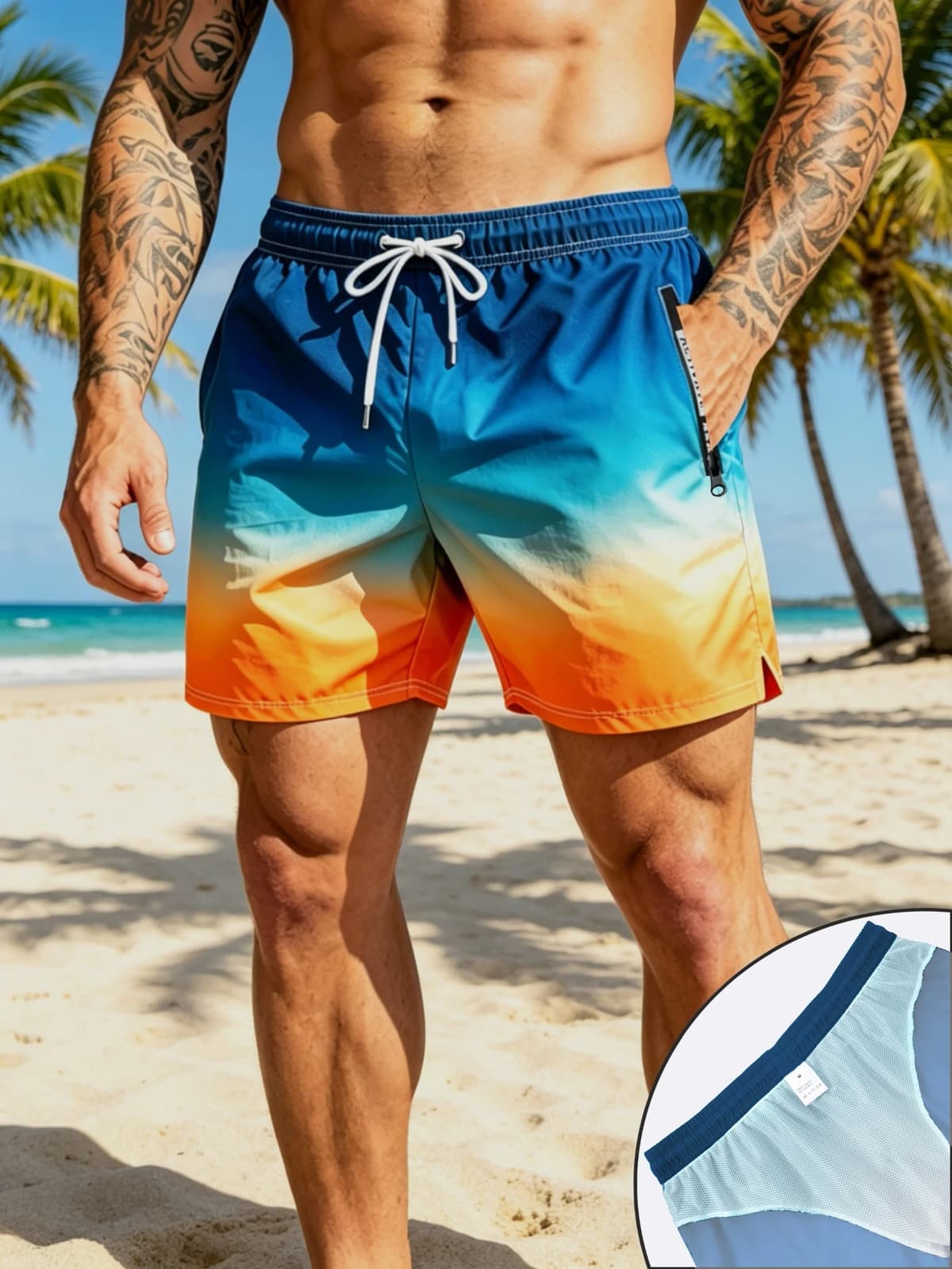 Mens Blue Orange Gradient Color Quick Dry Board Shorts Elastic Drawstring Swim Trunks Summer Beach Casual Outfit — view 2