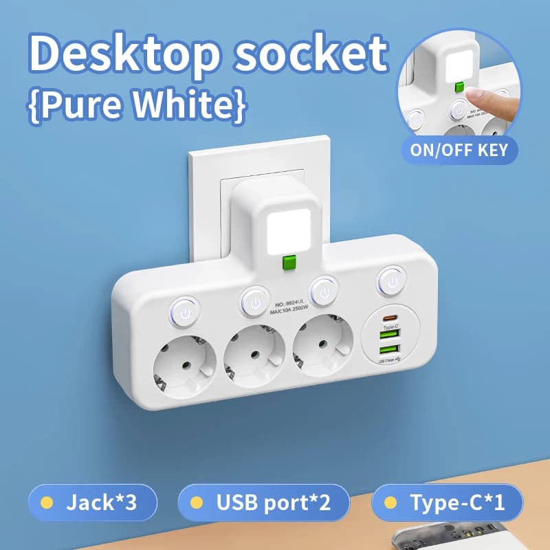 EU Plug Power Strip with 3 AC Outlets Two specifications with or without USB Type-C port Wall Charger for Home Office