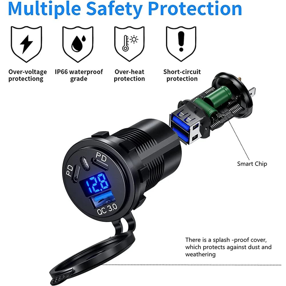 12V/24V USB Outlet 108W 3 Ports Car Charger Socket Dual 45W PD Type C & 18W QC 3.0 Motorcycle Socket Power Outlet Charge Adapter — view 4