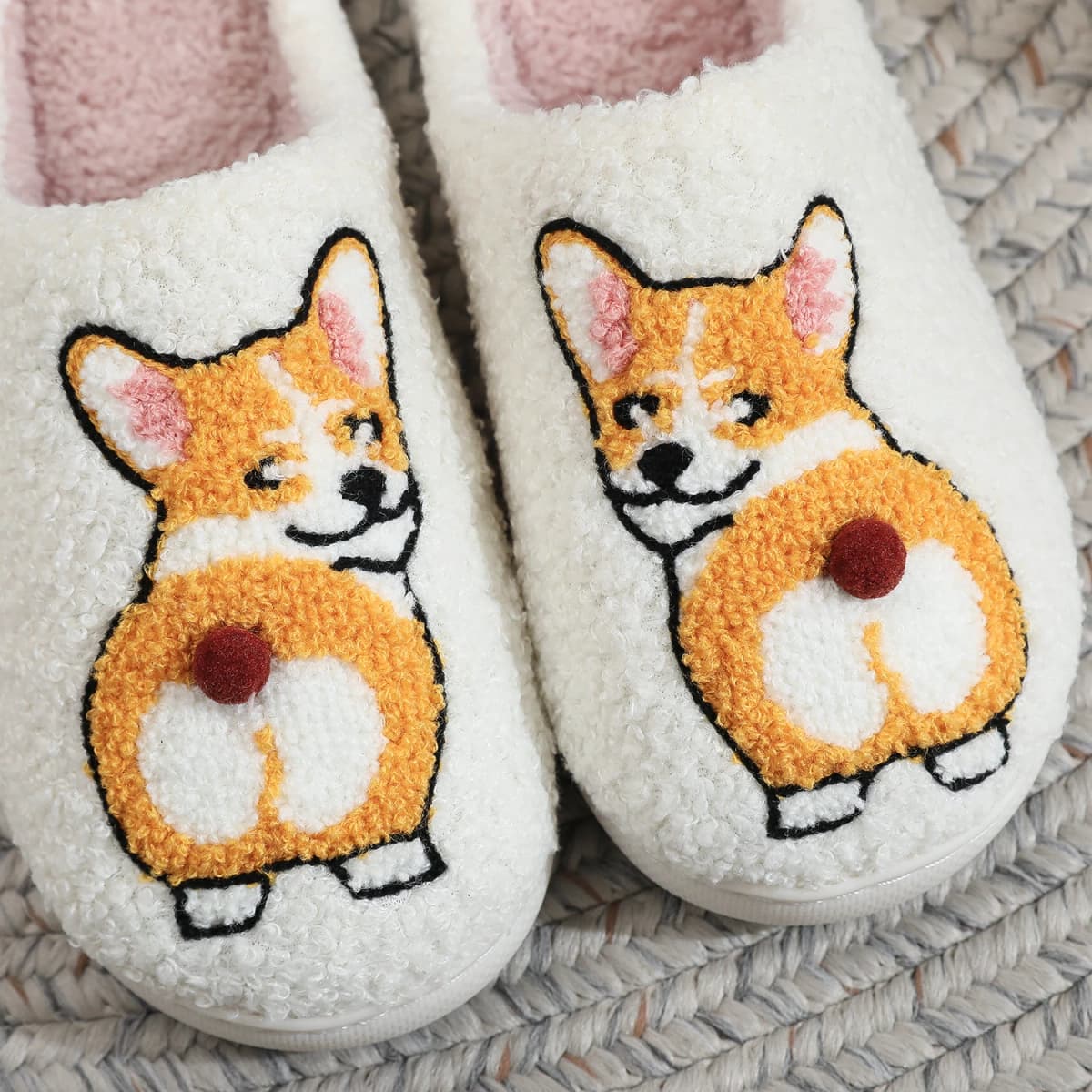 Corgi Dog Pet Pattern Embroidered Plush Home Thick-Soled Comfortable Fuzzy Cotton Slippers Cute Warm Non-Slip Indoor Slippers Pet Mom Gift for Dog Lovers Unisex — view 4