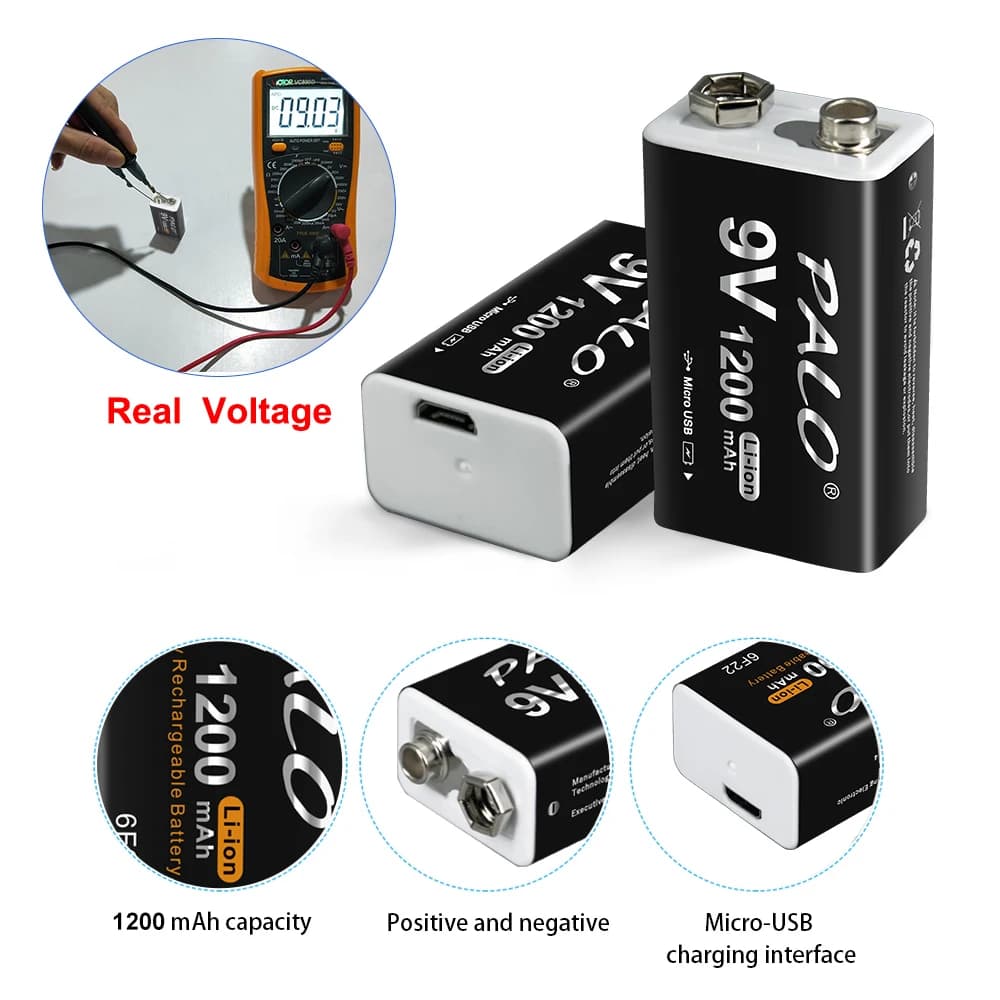 PALO 9V Rechargeable Battery 1200mAh 6F22 Micro USB 9v Li-ion Lithium Batteries for Multimeter Microphone Toy Remote Control KTV — view 5