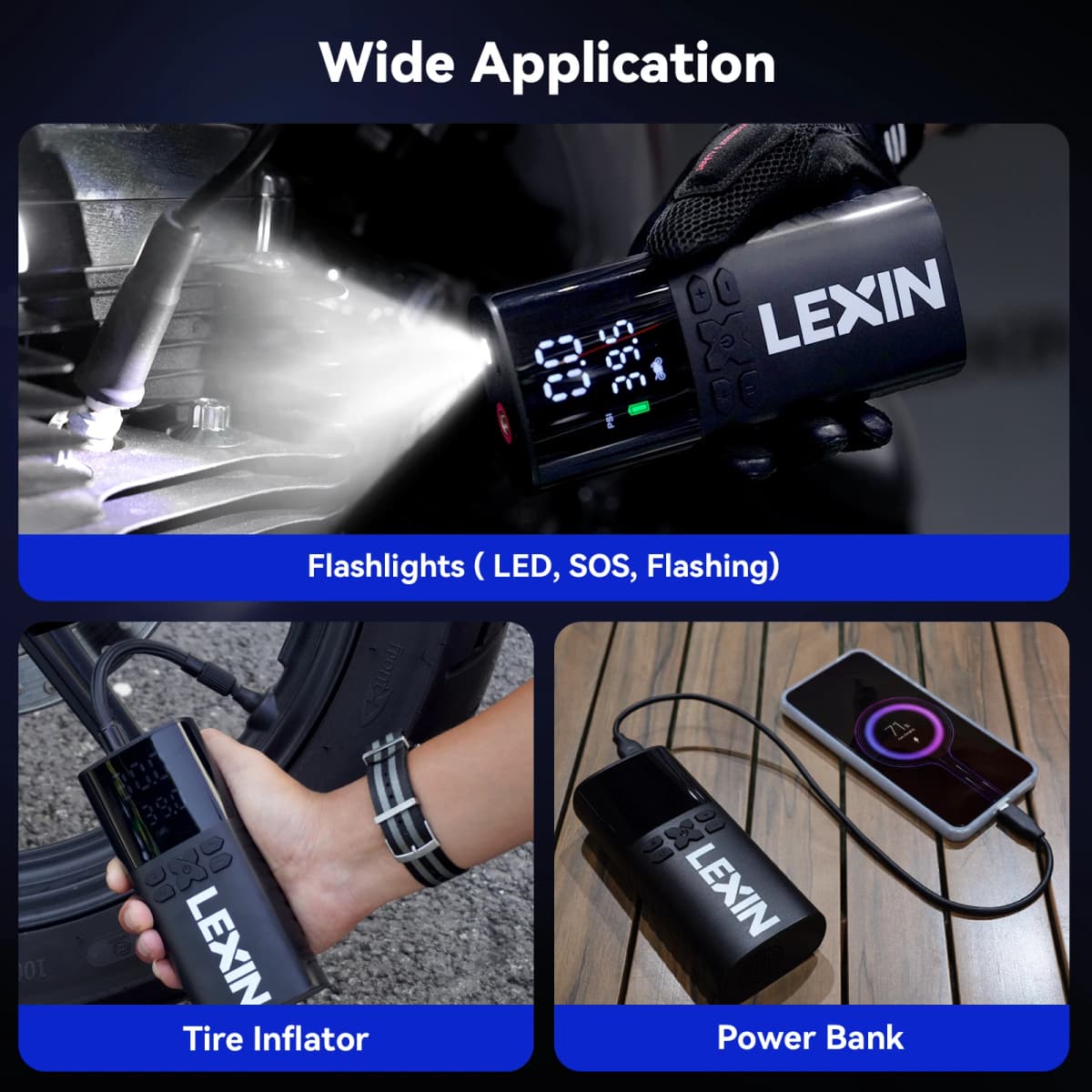 Lexin P4 Smart Air Pump 4000mAh for Motorcycles Tire Inflator Bicycle Boat with LED Digital&Preset Pressure Inflation — view 3
