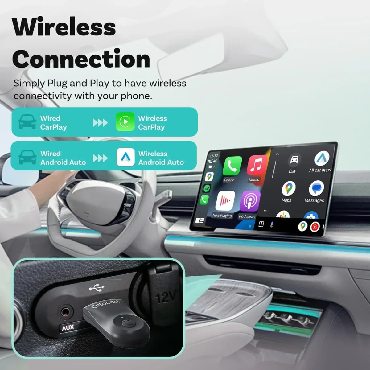 OTTOCAST MINI 2 in 1 Wired to Wireless CarPlay Android Auto Adapter USB Stick Wifi Car Accessories for VW Benz Audi Kia Toyota — view 4