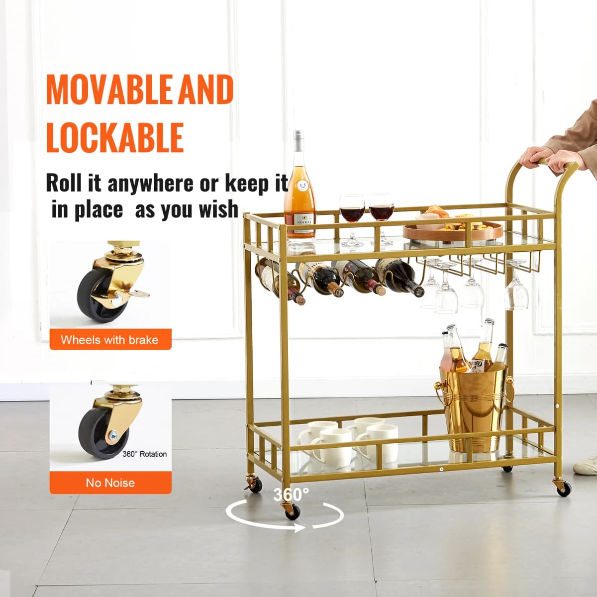 SucceBuy Bar Cart Gold Home Bar Serving Cart on Lockable Wheels with Tempered Glass Shelves for Home Kitchen Dining Living Room — view 4