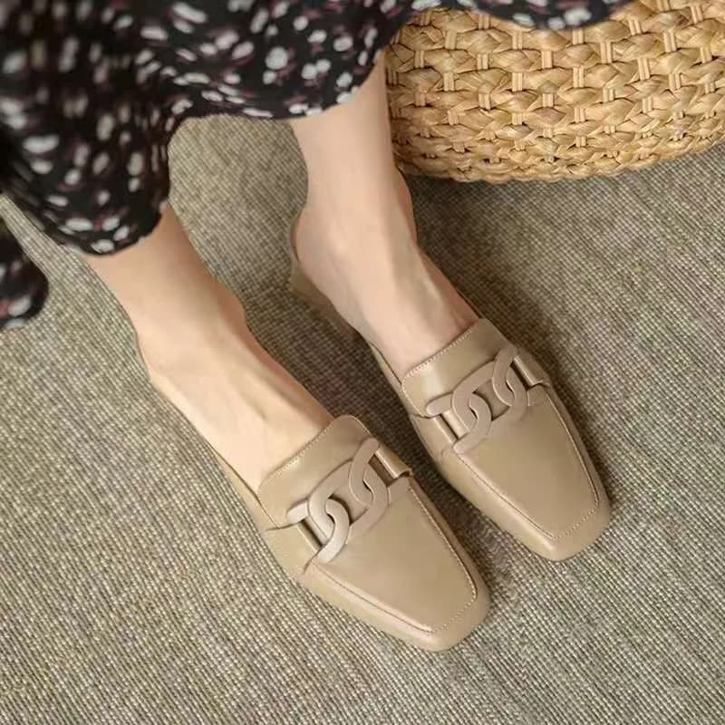 Women's Slippers Summer New Leather Low Heel Square Head Home Half Drag Casual Fashion Comfortable Height Sandals — view 3