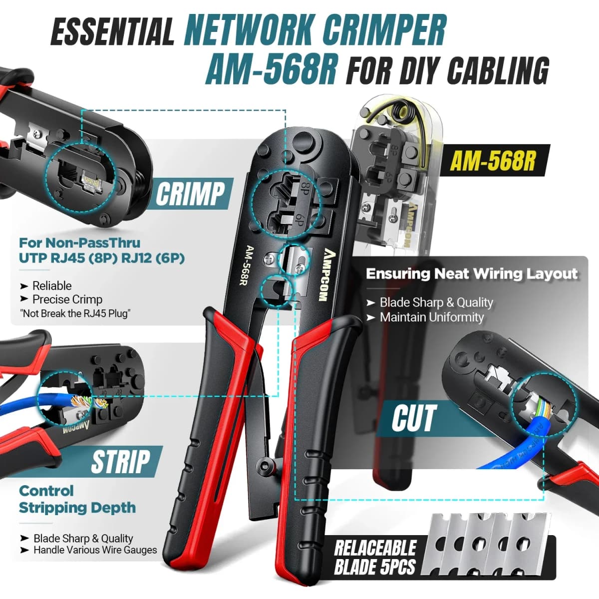 AMPCOM Ethernet Crimping Tool Kit for CAT6/CAT5e RJ45 Connector with Wire Stripper/Punch Down Tool/TEL/LAN Cable Tester — view 2