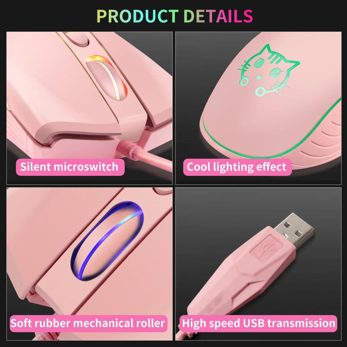 USB Wired Gaming Mouse Pink Computer Professional E-sports Mause 2400 DPI Colorful Backlit Silent Mice for Lol Data Laptop Pc — view 4