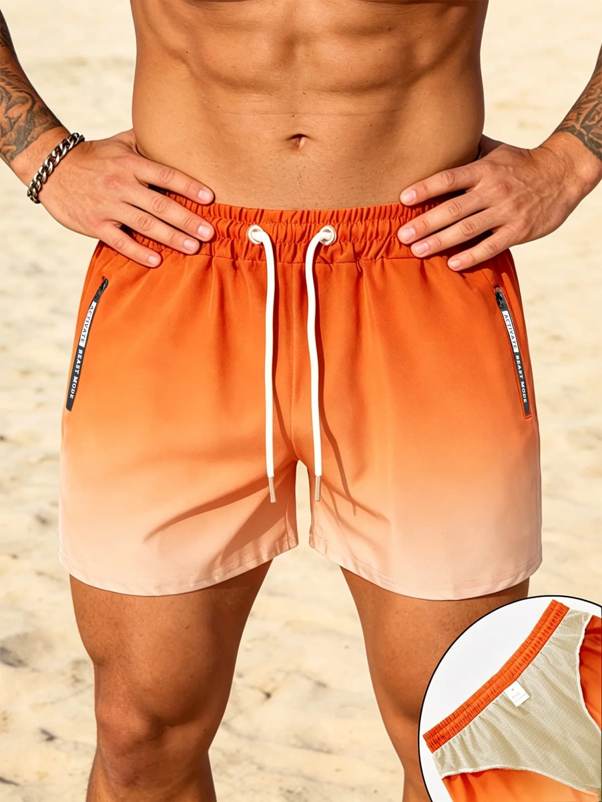 Mens Blue Orange Gradient Color Quick Dry Board Shorts Elastic Drawstring Swim Trunks Summer Beach Casual Outfit — view 4