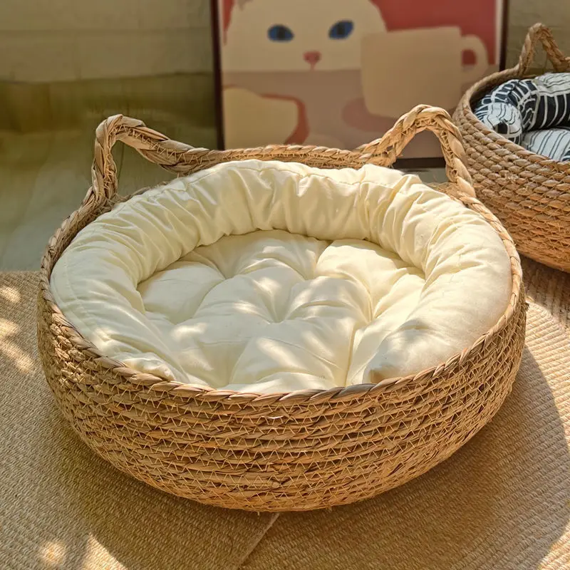 OUZEY Rattan Weaving Cat Basket Pet Cat Bed With Cushion Soft Warm Puppy Kitten Bed Donut Round Comfortable Sleeping Cat House — view 5