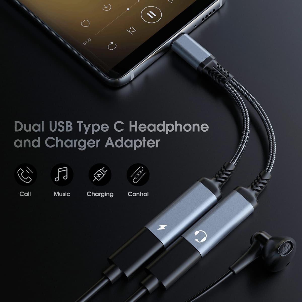 OTG 2 IN 1 USB C Splitter to Dual Type USB C Headphone Jack Audio Adapter PD 60W Fast Charger for Samsung Huawei iPhone15 Xiaomi — view 3