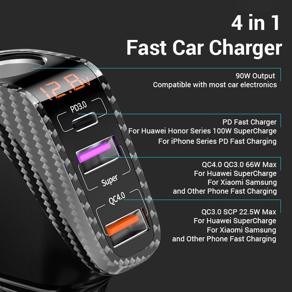 100W USB Car Charger Quick Charge QC3.0 QC4.0 PD3.0 SCP 4 IN 1 Car Super Fast Charging for IPhone 12 13 Xiaomi Huawei Samsung — view 2