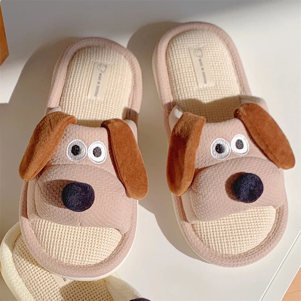 Ladies Soft Sole Casual Couple Style New Shoes Ventilated Comfortable Cute Puppy Pattern Design Non-slip Linen Home Slippers — view 4
