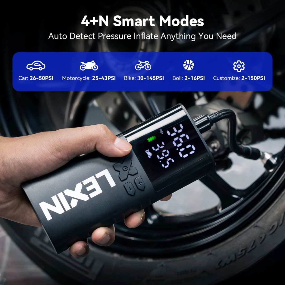 Lexin P4 Smart Air Pump 4000mAh for Motorcycles Tire Inflator Bicycle Boat with LED Digital&Preset Pressure Inflation — view 2