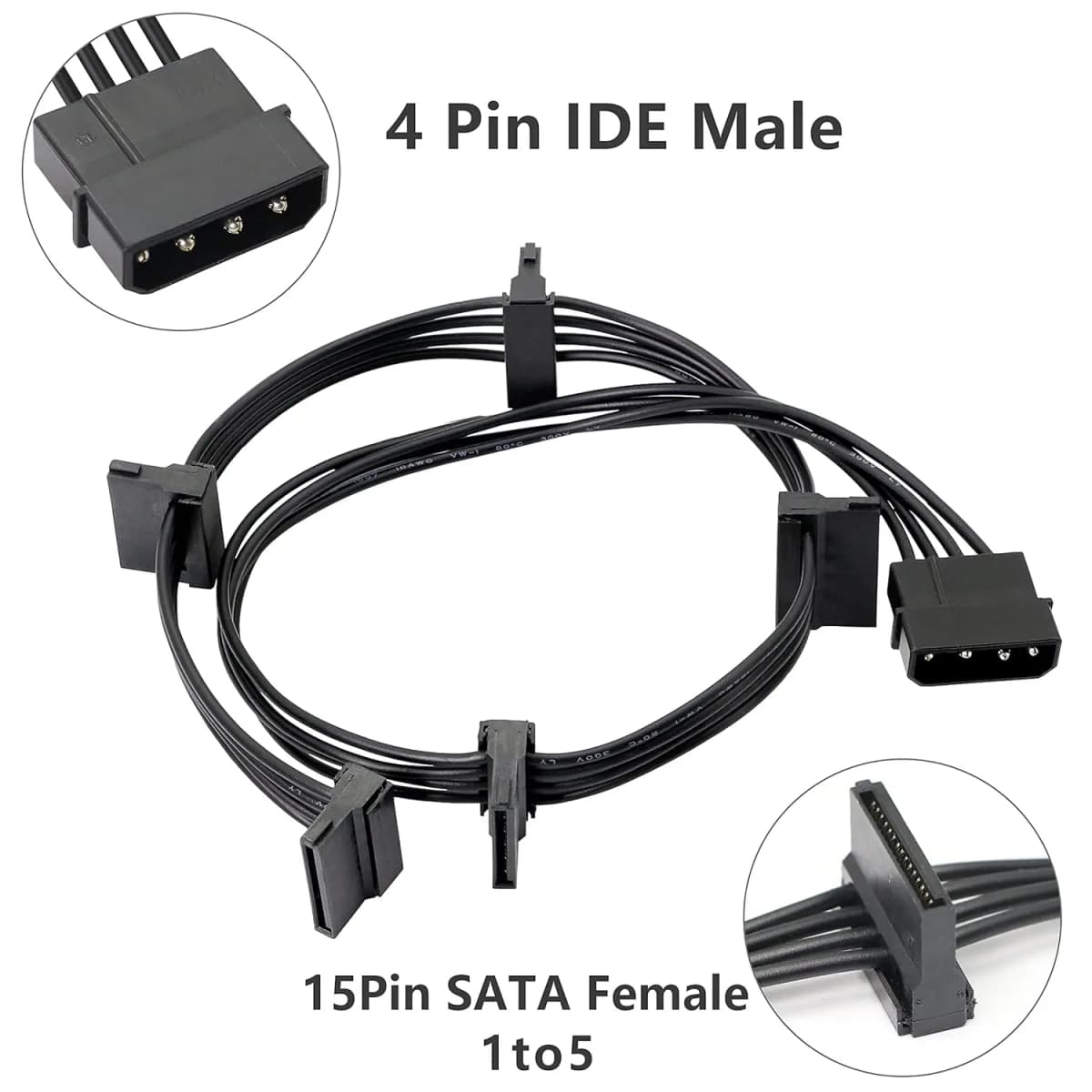 High Quality 1 Pcs Practical Durable PC Server 4 Pins IDE Molex 1 to 5 SATA Power Cable Adapter Splitter Cables 18AWG Black 40cm — view 3